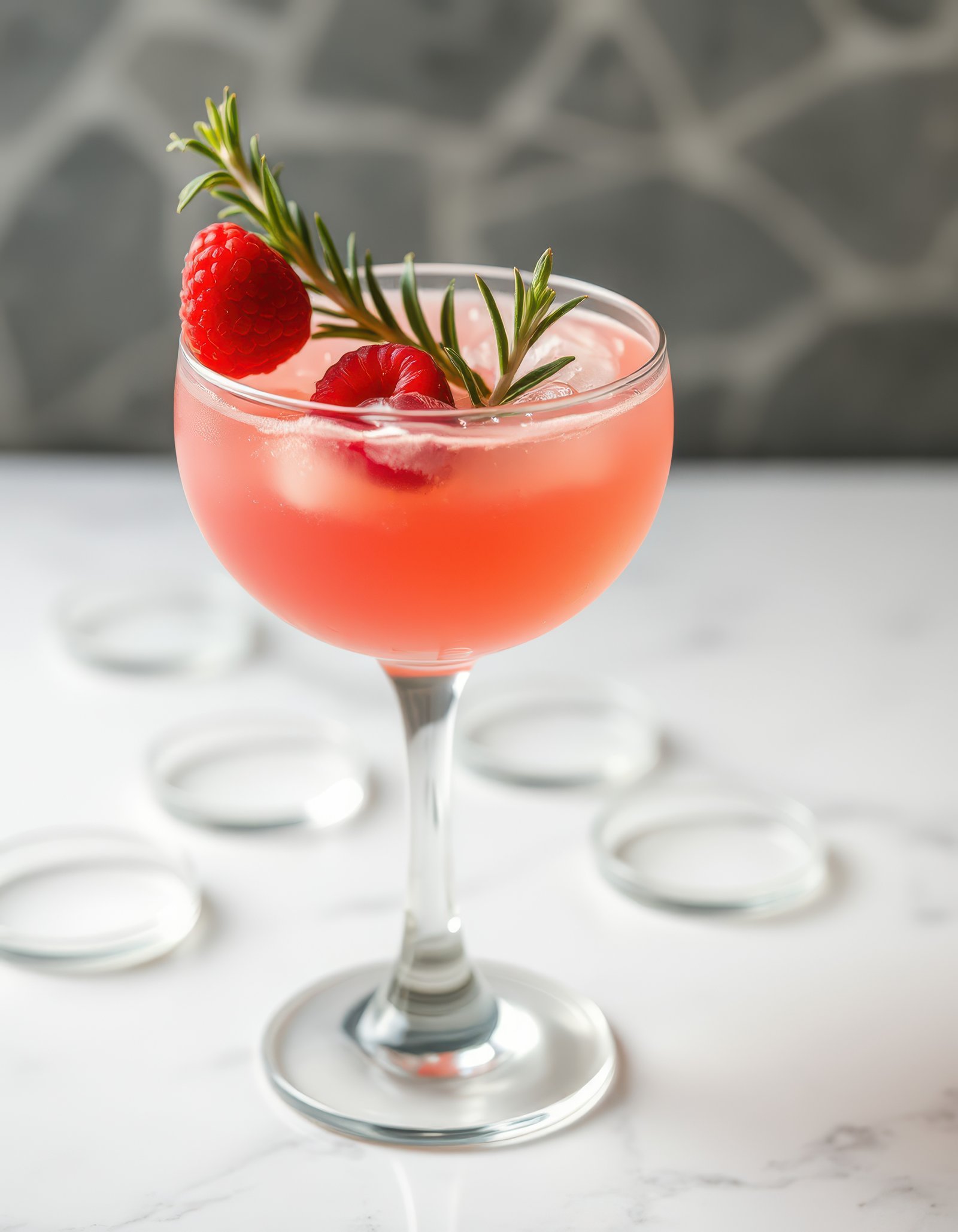 Refreshing cocktail garnished with raspberries and rosemary served on a marble countertop